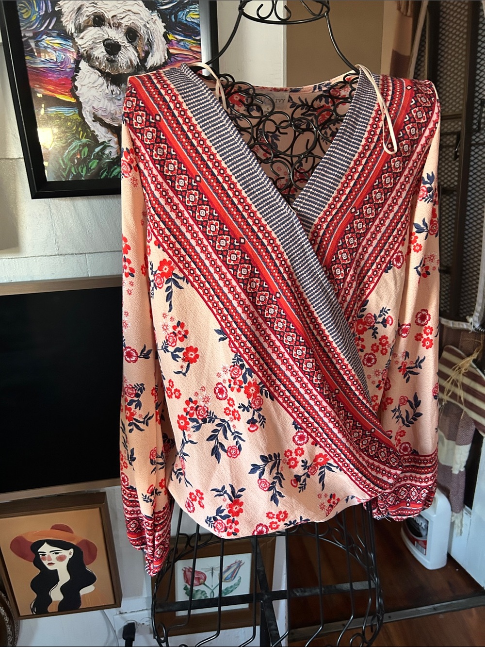 envy Cream Floral Wrap Blouse with Red & Navy Trim